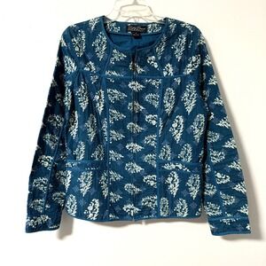 Lucky Brand Quilted Jacket Teal Blue Floral 100% Cotton Zip Up Women Size M